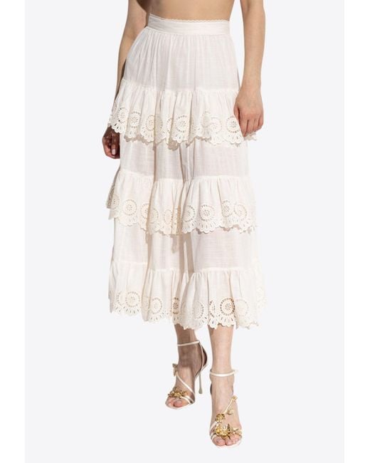 Zimmermann Natural Tiered Ruffle Midi Skirt