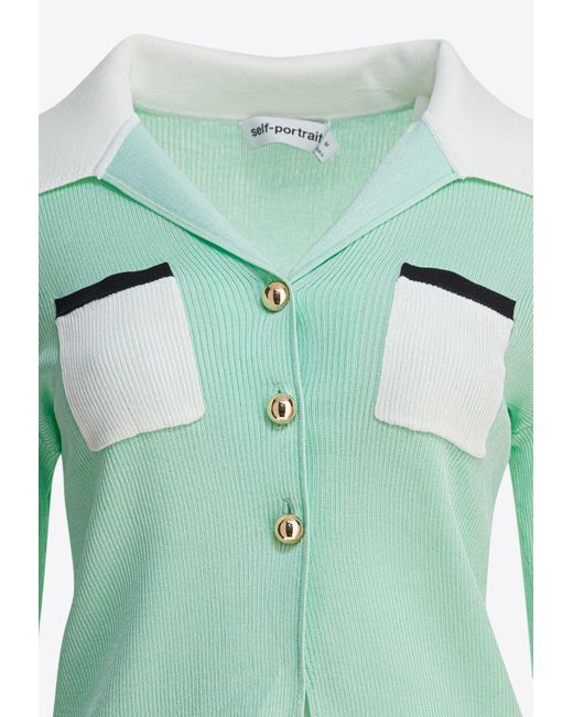 Self-Portrait Green Ribbed Buttoned Top