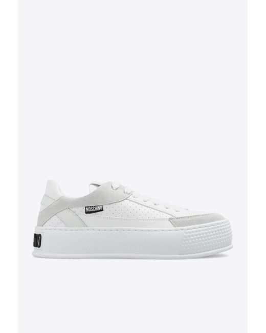 Moschino White Logo-Embossed Leather Sneakers
