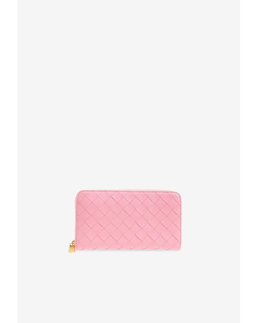 Bottega Veneta Pink Intrecciato Zip-Around Wallet