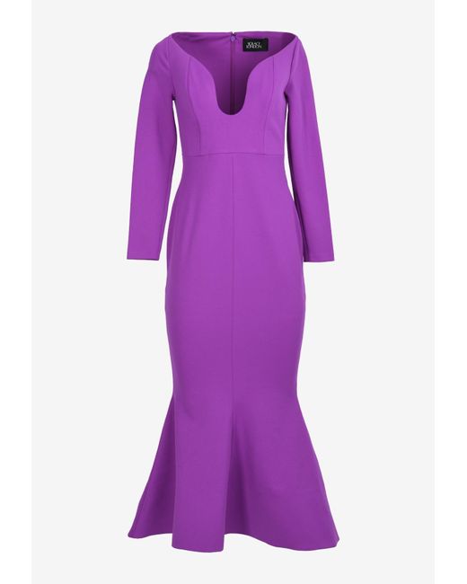 Solace London Purple Isa Long-sleeved Midi Dress