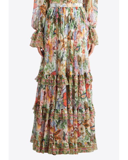 Etro Multicolor Silk Floral Tiered Maxi Skirt