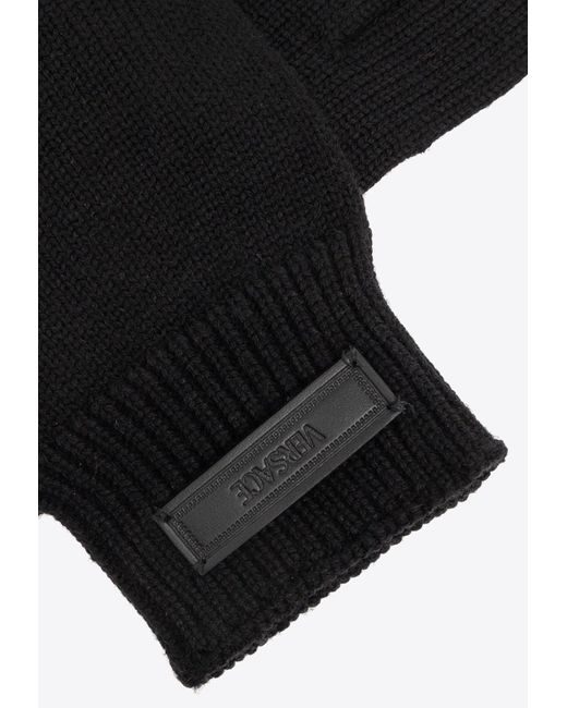 Versace Black Wool Ribbed-Knit Gloves for men