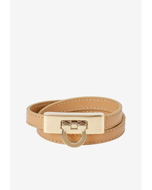 Ferragamo Double Wrap Calfskin Gancini Bracelet in Natural Lyst