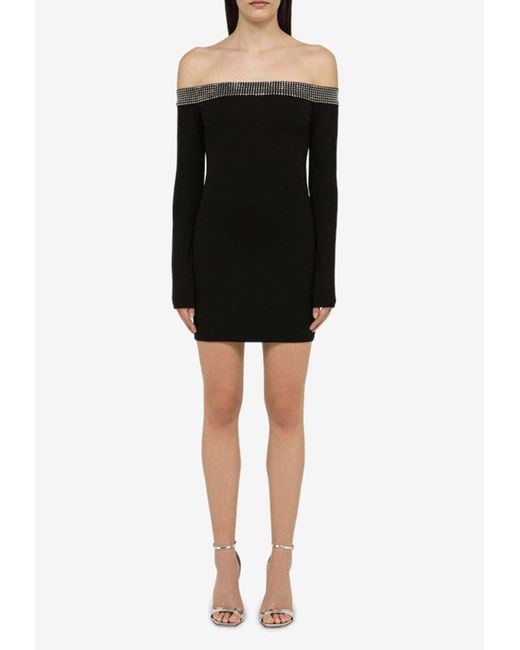 David Koma Black Crystal-Embellished Off-Shoulder Mini Dress