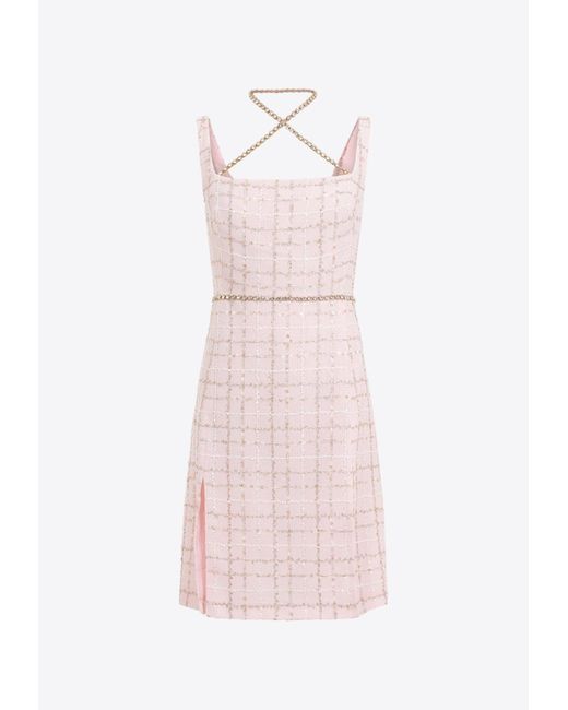Giambattista Valli Pink Bouclé Chain-Halterneck Knee-Length Dress