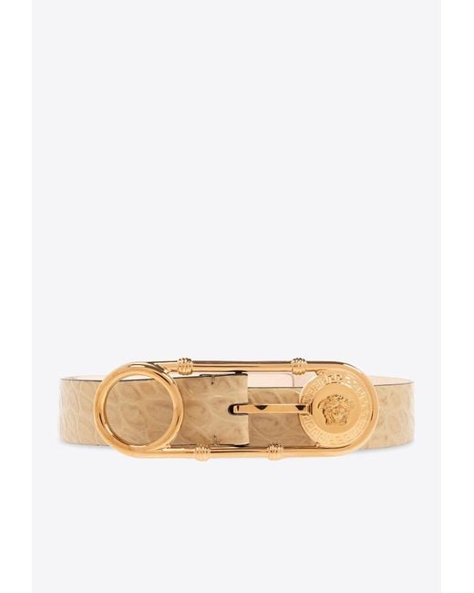 Versace White Safety Pin Croc-Embossed Leather Belt
