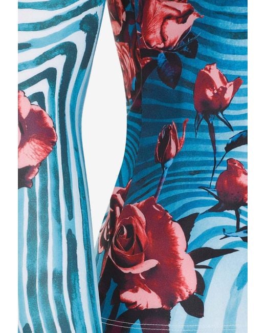 Jean Paul Gaultier Blue Striped Floral Long-Sleeved Mesh Top