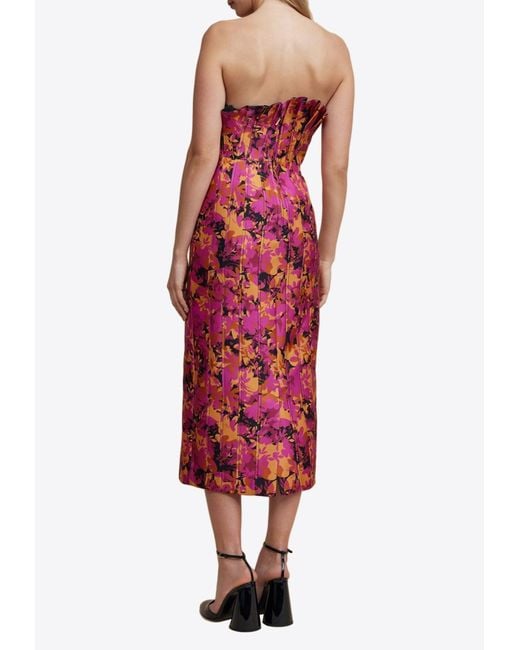 Acler Red Davies Off-Shoulder Floral Print Midi Dress