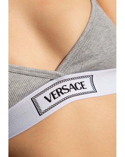 Versace Gray Logo-Embroidered Ribbed Bra