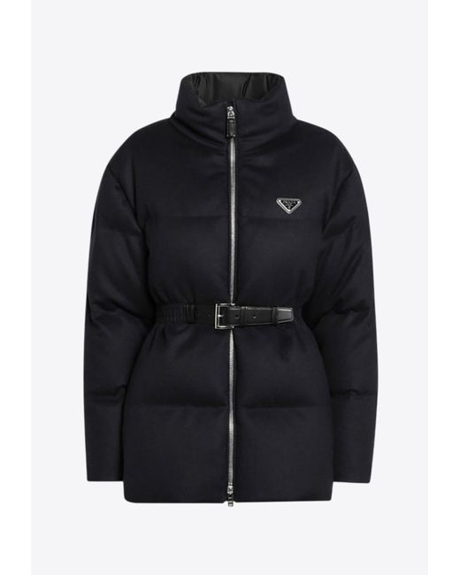 Prada Black Triangle Logo Belted Down Jacket