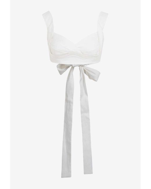 Zimmermann White Bow-Tie Linen Cropped Top