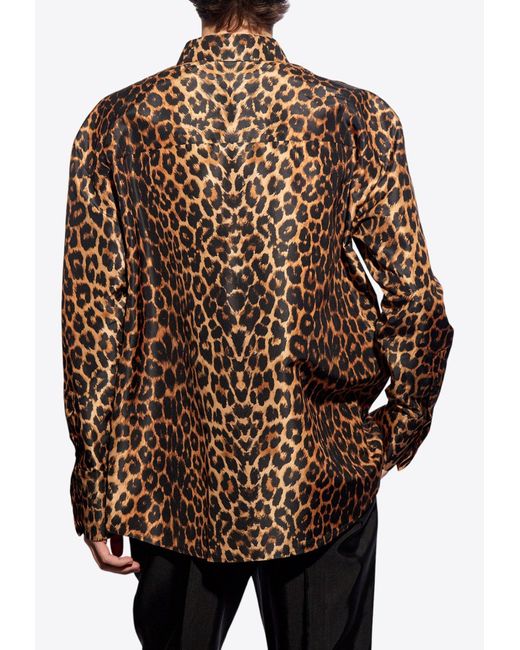 Saint Laurent Brown Oversized Leopard Print Silk Taffeta Shirt for men