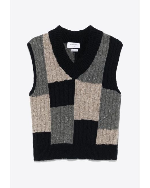 Thom Browne Black Cable-Knit Patchwork Vest for men