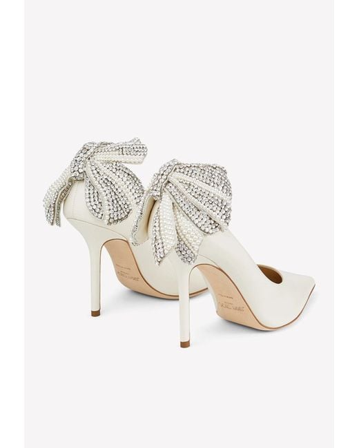 Jimmy Choo White Love 100 Nappa Leather Pumps With Pearl And Crystal Bow