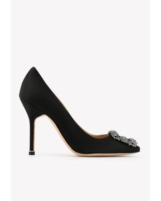 Manolo Blahnik Black Hangisi 105 Satin Pumps With Fmc Crystal Buckle