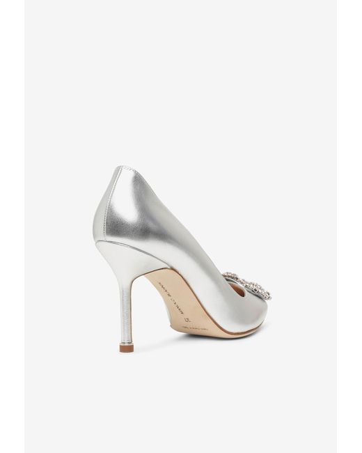 Manolo Blahnik White Hangisi 90 Crystal Buckle Pumps