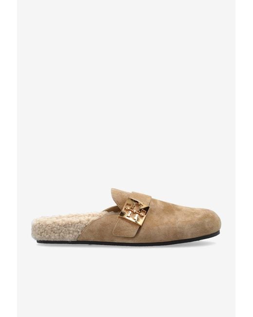 Tory Burch White Mellow Logo Shearling Flat Mules