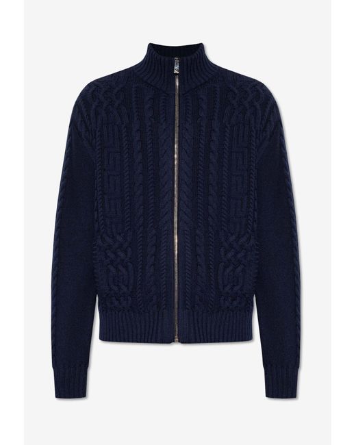 Versace Blue Medusa Cable-Knit Zip Sweater for men