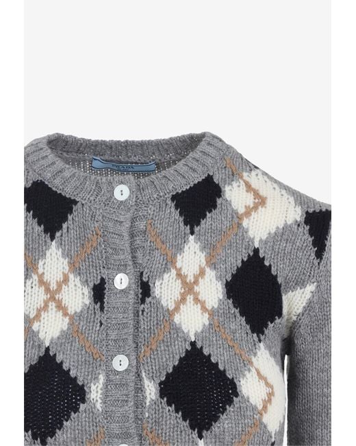 Prada Gray Argyle Knitted Cardigan