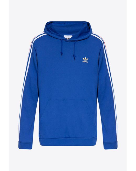 Adidas Originals Blue 3-stripes Logo Hooded Sweatshirt for men