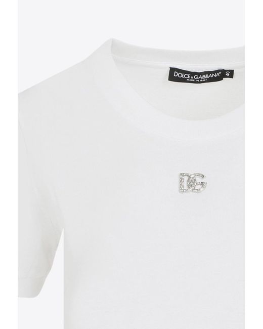 Dolce & Gabbana White Crystal Logo Crewneck T-Shirt
