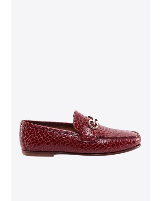 Ferragamo Red Galileo Croc-Embossed Leather Loafers for men