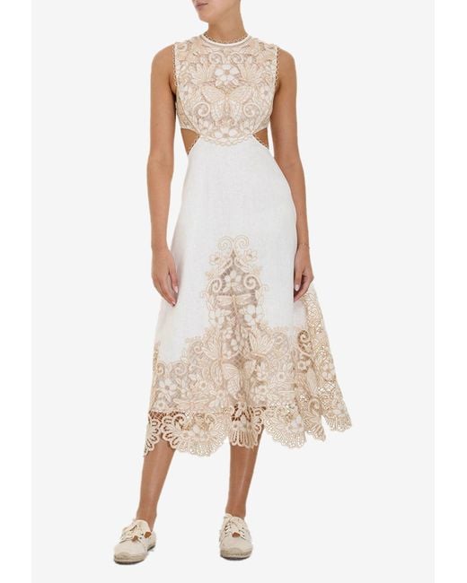 Zimmermann Linen Jeannie Floral Embroidered Yoke Midi Dress in White