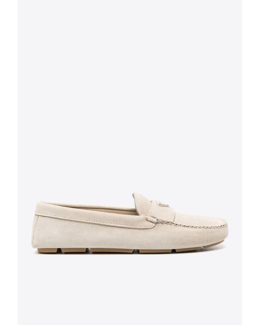 Prada White Triangle-Logo Suede Loafers for men