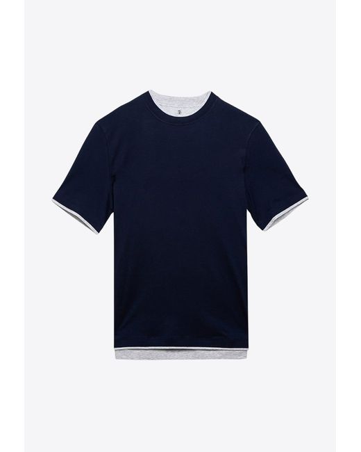Brunello Cucinelli Blue Layered-Effect Crewneck T-Shirt for men