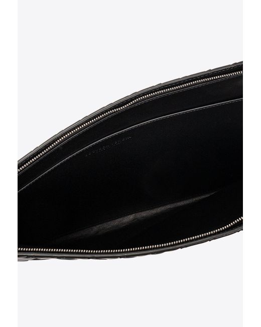 Bottega Veneta Black Intrecciato Leather Half Zip Pouch for men