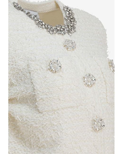 Self-Portrait White Embellished Wool-Blend Cardigan