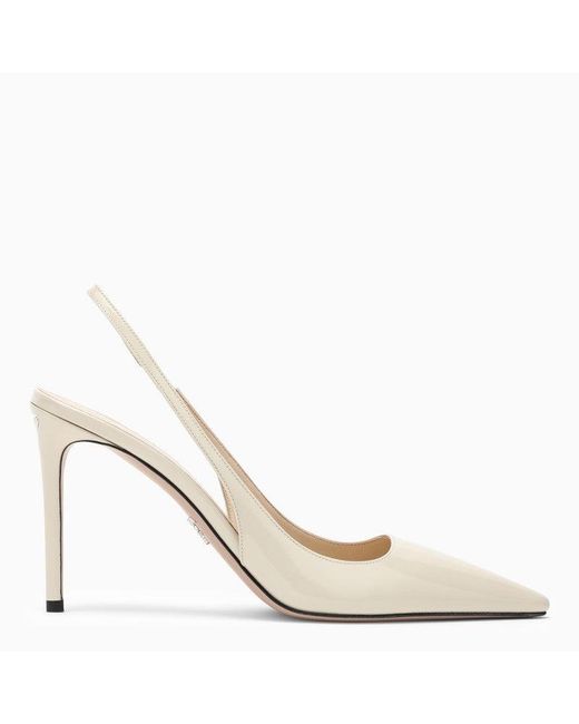 Prada White Pointed Ivory Patent Leather Slingback Pumps - Grey