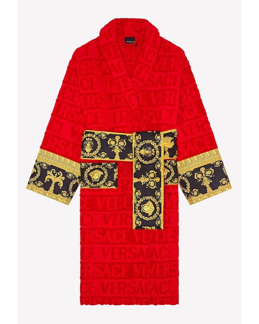 Versace Cotton Barocco Print Logo Jacquard Bathrobe in Red Lyst
