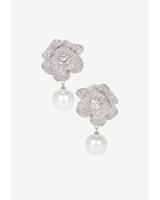 Self-Portrait White Crystal Flower Pearl Earrings