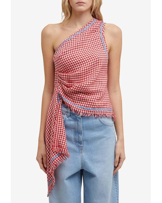 MSGM Red Vichy One-Shoulder Top