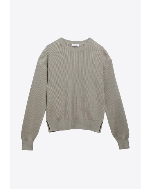 Brunello Cucinelli Gray Rib-Knit Crewneck Sweater