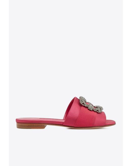 Manolo Blahnik Pink Martamod Satin Flats With Crystal Buckle