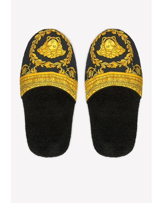 Versace Signature Barocco Print Slippers in Black | Lyst