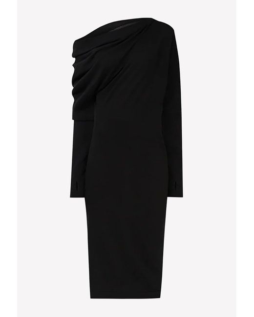 Tom Ford Black Draped Shoulder Cashmere And Silk Midi Dress
