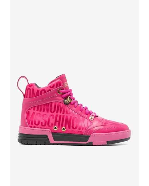 Moschino Pink All-Over Jacquard Logo High-Top Sneakers