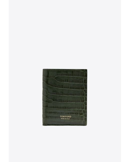 Tom Ford Croc-Embossed Leather Bi-Fold Cardholder in Green for Men