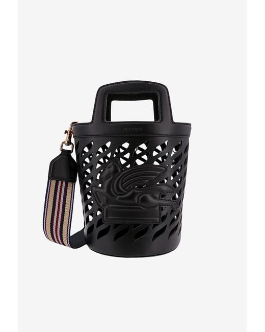 Etro Black Pegaso Perforated Leather Bucket Bag