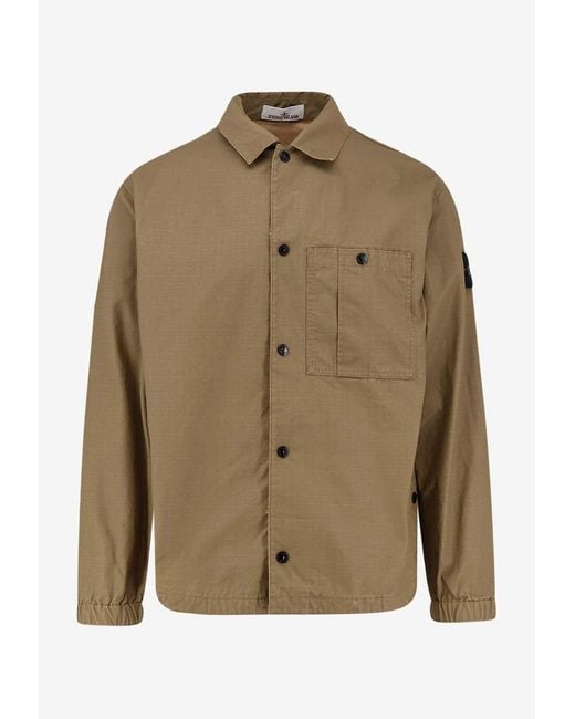 Stone Island Green Logo Patch Buttoned Shirt for men
