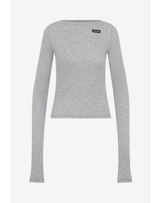 Miu Miu Gray Logo Long-Sleeved Top