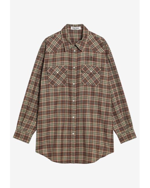 Miu Miu Brown Checked Wool Long-Sleeved Shirt