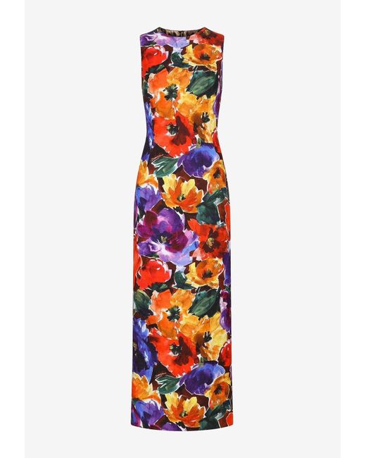 Dolce & Gabbana Red Sleeveless Abstract Flower-Print Midi Dress