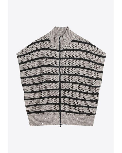 Brunello Cucinelli Gray Dazzling Striped Linen Mesh Cardigan