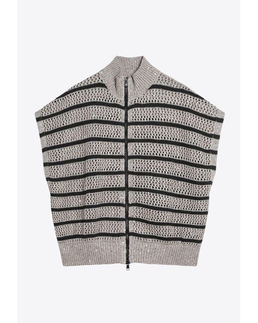 Brunello Cucinelli Gray Linen Dazzling Striped Mesh Cardigan