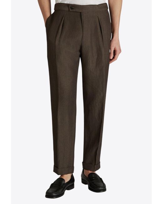 Incotex Men's Brown Straight-Leg Linen-Blend Pants